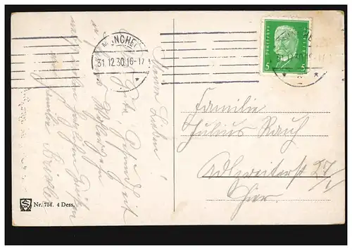 Carte de vue Nouvel An Villageidylle avec forge et cheval, MUNICH 31.12.1930