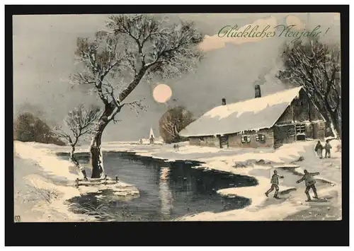 Ansichtskarte Neujahr Dorfidylle mit Schlittschuhläufer, STUTTGART (BERG) 1.1.14