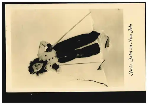 Foto-Ansichtskarte Neujahr fröhliche Skiläuferin, OBERLUNGWITZ 3.1.1955