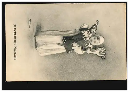Ansichtskarte Neujahr Mädchen mit Geschenken Kasper Pferd, gelaufen 1918