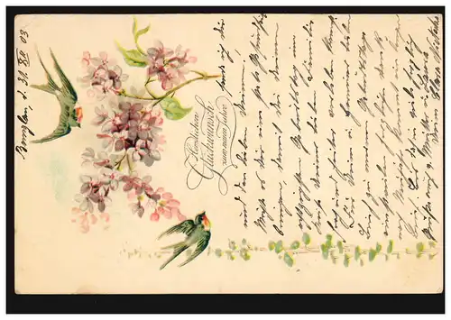 Ansichtskarte Neujahr Blumengirlande mit Schwalbe, BUNZLAU 31.12.1903