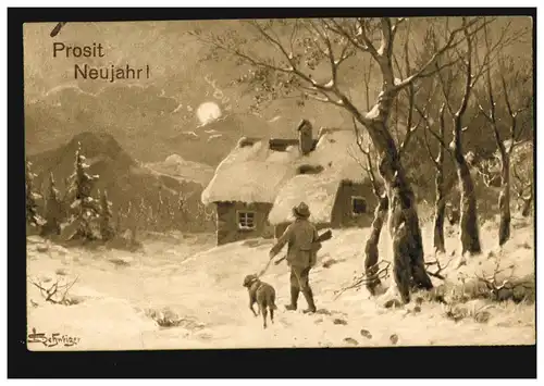 Carte de l'année Nouvel An Paysage d'hiver, chasseur et chien, MOSSBURG 31.12.1913