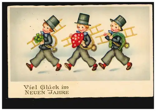 Ansichtskarte Neujahr Kinder Schornsteinfeger Glücksklee Hufeisen, SINGEN 1939