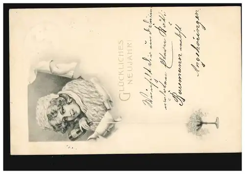 Carte de vue Nouvel An femme avec bouteille de champagne et verre de mousseux, MUNICH 3.12.1906