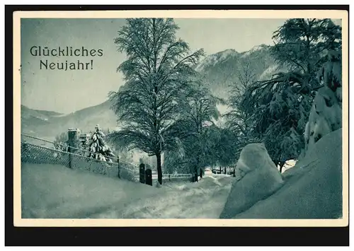 Ansichtskarte Neujahr Winterlandschaft im Bergtal, OBERAMMERGAU 29.12.1918