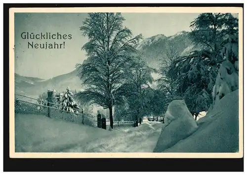 Carte de l'année Nouvel An Paysage hivernal dans la vallée de la montagne, OBERAMMERGAU 29.12.1918