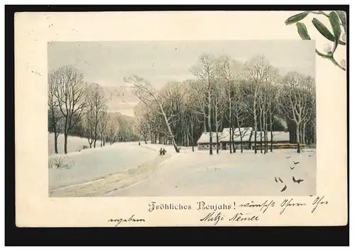 Ansichtskarte Neujahr Winterlandschaft mit Bauerngehöft, gelaufen WIEN