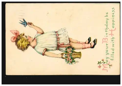USA Ansichtskarte Geburtstag Mädchen Blumenkorb und Vogel, BROOKLYN N.Y. 1920