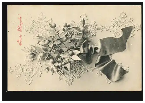Ansichtskarte Prosit Neujahr Allegorie mit Blumen und Bändern, WIEN 31.12.1906