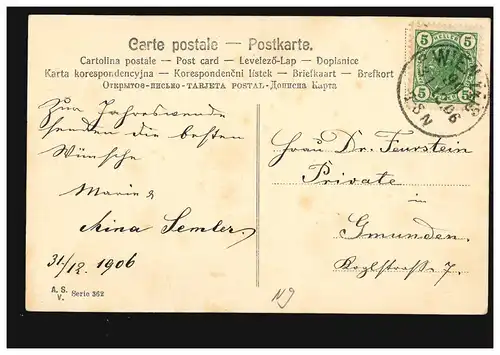 Carte de l'allergorie de la nouvelle année avec fleurs et bandes, VIENNE 31.12.1906