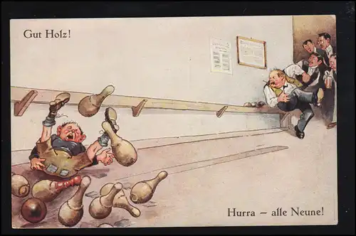 Sport-AK Kegeln: Hurra - alle Neune! Werfer trifft Kegeljungen, ungebraucht