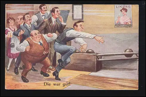 Sport-AK Kegeln: Hoffmann - Auf der Kegelbahn Die war gut! OBERSCHLEMA 26.6.1927
