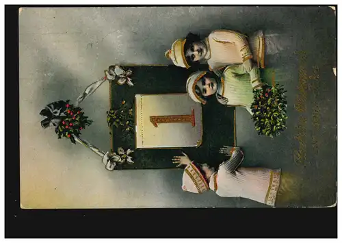 Ansichtskarte Neujahr Kinder mit Kalenderblatt 1. Januar, Feldpost CHEMNITZ 1917