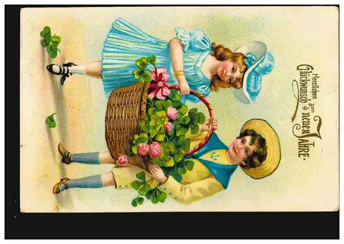 Carte de l'année Nouvel An Fille et garçon avec panier à fleurs, MULFORT 31.12.1907