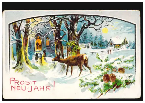 Carte de vue Kirchgang zu Neus Angel Winterlandschaft Reh, PFAFFENHAUSEN 31.12.08
