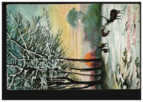 Ansichtskarte Neujahr Winterlandschaft, Hirsche, Sonnenuntergang, WIEN 31.12.08