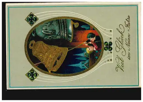Carte de vue Nouvel An Fille et garçon au son de la cloche, DASSING 31.12.1912