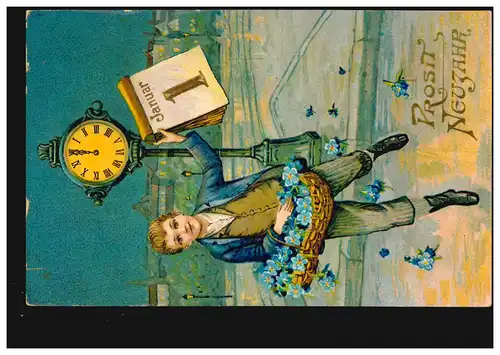 Carte de l'affichage Prosit Nouvel An Jeune feuille de calendrier Montre, NIEDERLINDHART 30.12.1907