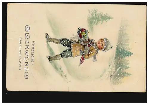 Ansichtskarte Neujahr Winterlandschaft Kind mit Blumen, Feldpost STUTTGART 1917