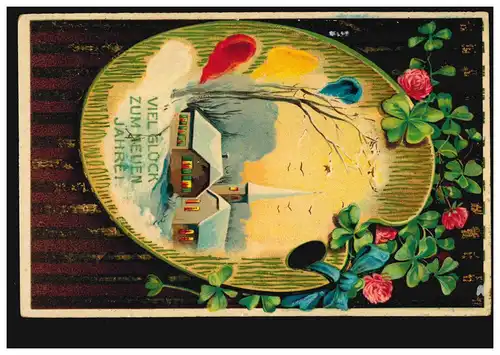 Carte de vue Nouvel An Paysage hivernal avec l'église Glücksklee, PIRMASENS 30.12.11