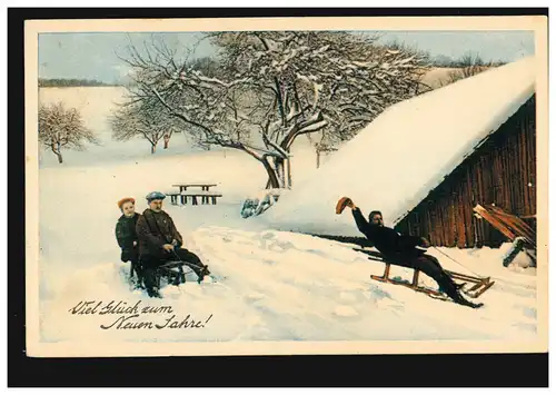 Ansichtskarte Neujahr Dorflandschaft Schlittenfahrten Rodeln BERLIN 31.12.1910