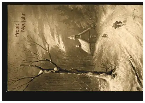 Carte de l'Affichage Prost Nouvel An Paysage d'hiver avec église BERLIN-STEGLITZ 31.12.13