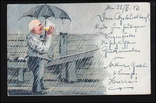 Kegels de sport-AK: piste de cônes à la pluie - homme Parapluie bière, marqué 1913
