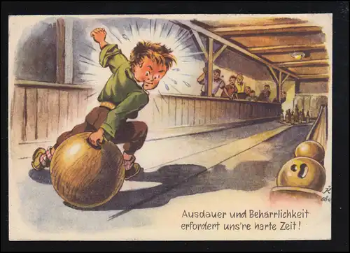 Sport-AK Kegeln: Bowlingbahn Ausdauer und Beharrlichkeit Humor, 1949