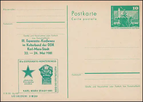 DDR P 79 ESPERANTO-Konferenz Karl-Marx-Stadt 1981, **