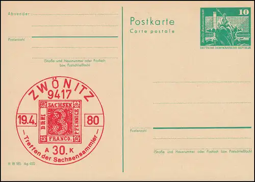 DDR P 79 Réunion des Saxe-sammeller Zwönitz 1980, **