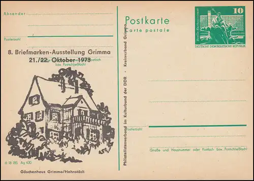DDR P 79 Briefmarkenausstellung Göschenhaus Grimma 1978, **
