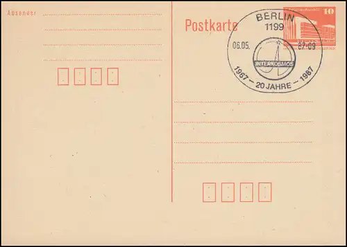 Sonderstempel BERLIN 20 Jahre INTERKOSMOS 6.5.1987 auf DDR-Postkarte P 86I 