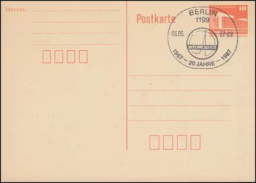 Sonderstempel BERLIN 20 Jahre INTERKOSMOS 6.5.1987 auf DDR-Postkarte P 86I