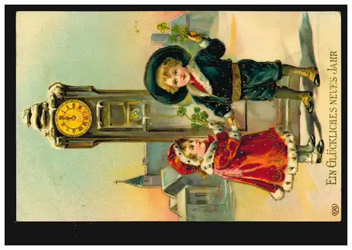 Carte de l'affichage Nouvel An Enfants avec trèfle chanceux devant l horloge VAREL (OLDENBURG) 1911