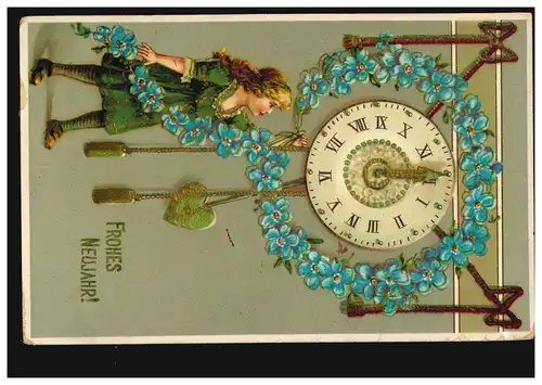 Ansichtskarte Prosit Neujahr Veilchengirlande Mädchen Uhr, WILLICH 31.12.1912