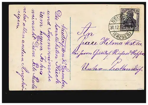 Ansichtskarte Neujahr Frau mit Uhr, coloriert, NEUDORF (ERZGEB.) 30.12.1919