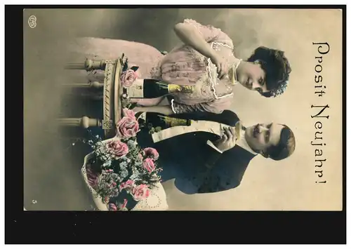 Carte de l'image Prosit Nouvel An Couple de verre mousseux Fleurs, ZOUNITZ 31.12.1909
