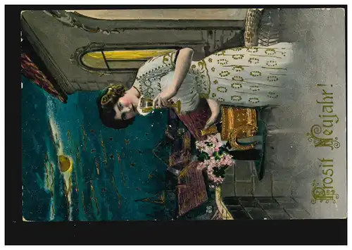 Carte de vue Prosit Nouvel An femme avec verre de champagne à minuit, ZSCHOPAU 1.1.15