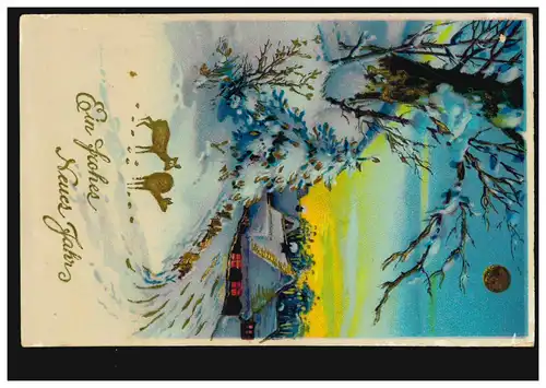 Ansichtskarte Neujahr Landschaft mit Häusern und Rehen, 30.12.1929 nach Löbau