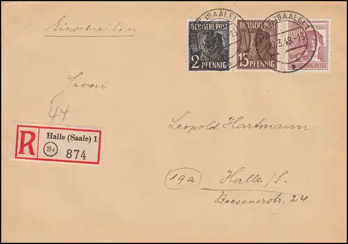 943+948+956 Kontrollrat II auf Orts-R-Brief HALLE / SAALE 1 s 10.3.1948