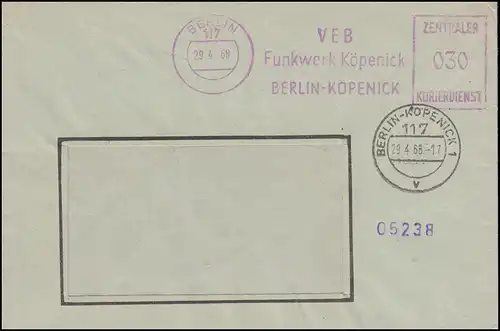 ZKD-AFS VEB Funkwerk Köpenick BERLIN 29.4.68 Fensterbrief AK-O TELTOW 30.4.48