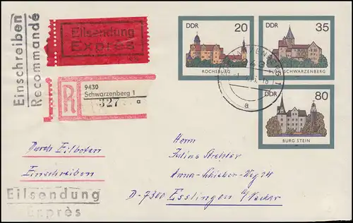 U 2 Burgen als Eil-R-Brief SCHWARZENBERG 1.4.1986 nach Esslingen