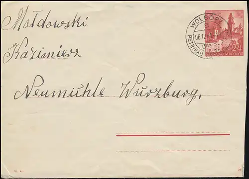 Ganzsache Umschlag U 2/01 Bauwerke Burg Wawel mit DV VI.41, WOLBORZ 6.12.1941