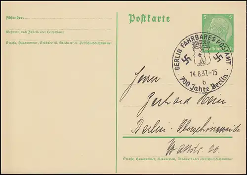 Affaire entière avec SSt BERLIN POSTAMT FASSIBLE b 700 ans Berlin 14.8.1937