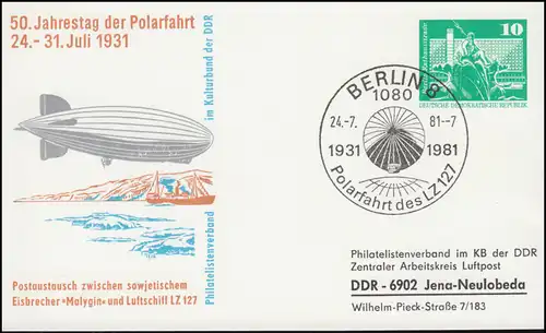 PP 15/128 Bâtiments 10 Pf anniversaire Polar Tour LZ 127 de 1931, SSt BERLIN 1981