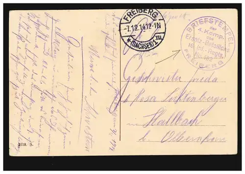 Feldpost BS Substitut-Batl. 16.Inf.-Reg. n°182 Freiberg sur AK, FREIBERG 7.12.14