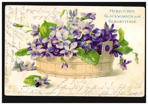 AK Félicitations anniversaire Bottich fleuri avec violette poste ferroviaire HANNOVER-LUCHOLZ
