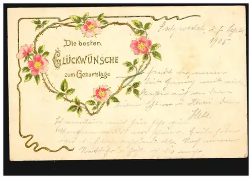 AK Glückwünsche Geburtstag Blumenranke, SALZWEDEL 8.9.1905 nach BURGDORF 8.9.05