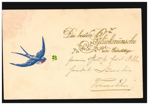 AK Carte d'anniversaire de l'hirondelle avec lettre, SCHÖNEBERG chez BERLIN 13.9.1902