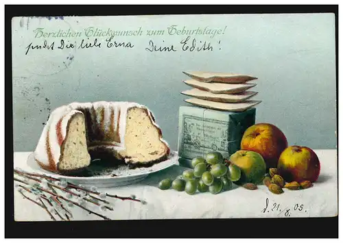 AK Félicitations table d'anniversaire gâteau pommes noix de raisin, DRESDEN 21.8.05